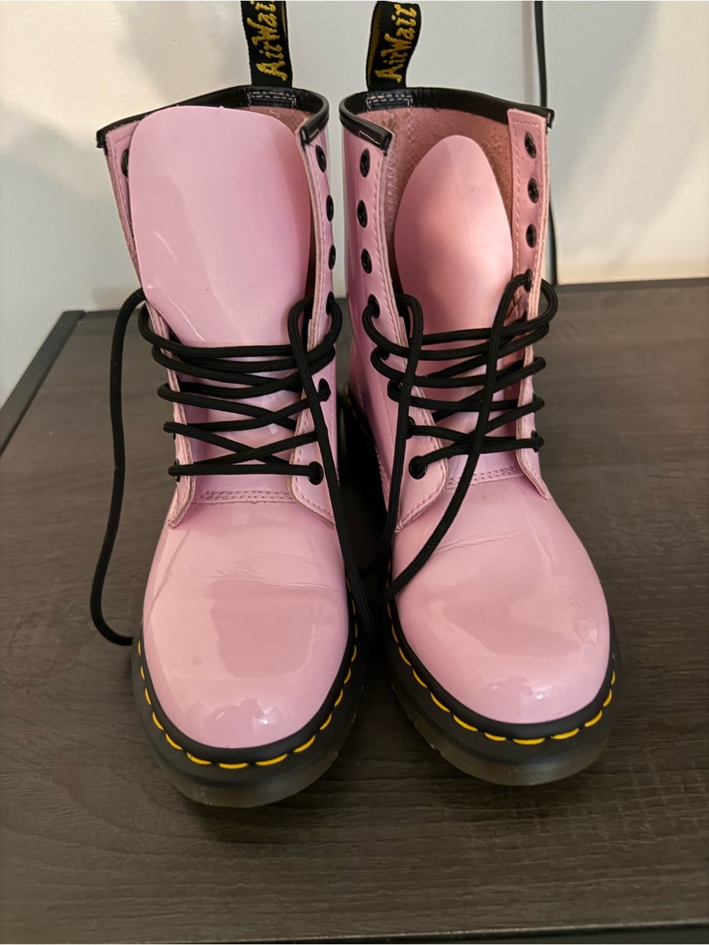 Dr. Martens Pink Patent Lace-Up Combat Boots with Yellow Welt Stitching
